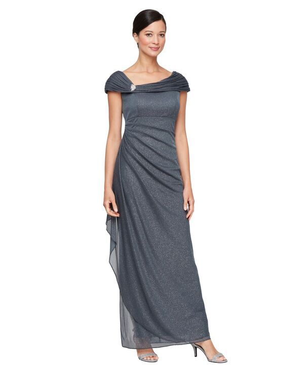 アレックスイブニングス レディース トップス ワンピース プチ メッシュ Alex Evenings Petite LNeck GlitterMesh Long Dressmoke スモーク