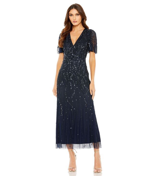マックダガル レディース トップス ワンピース Mac Duggal Womens Beaded Wrap Over Butterfly Sleeve Column Dress Midnight