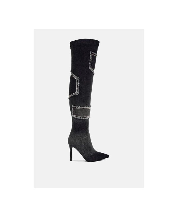 ロンドンラグ レディース シューズ ブーツ・レインブーツ デニム London Rag Eilish Rhinestones Knee High Denim Boots Black ブラック 17,610円