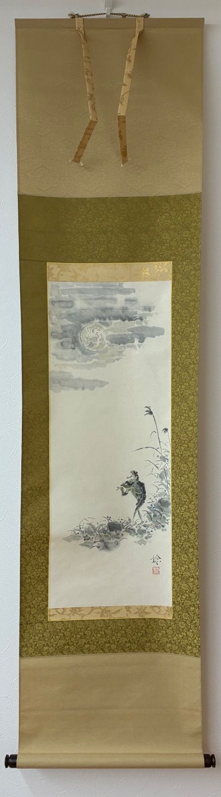 掛軸 大橋稔（稔）『月子守唄』月夜蛙図 桐箱入 紙本
