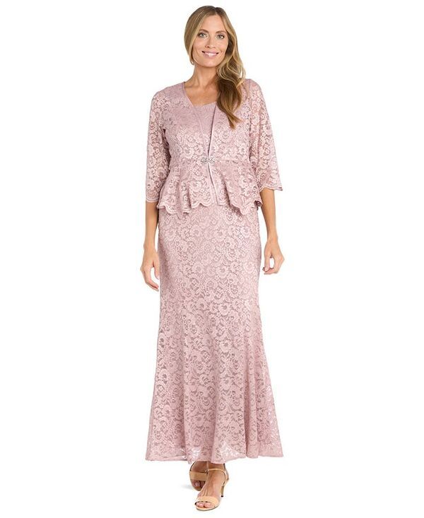 アールアンドエムリチャーズ レディース トップス ワンピース プチ トール レース ジャケット R M Richards Petite 2Pc MetallicLace Gown Jacket Set Rose メタリック