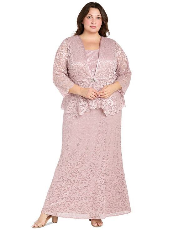 アールアンドエムリチャーズ レディース トップス ワンピース プラスサイズ トール レース ジャケット R M Richards Plus Size Metallic Lace Jacket and Dress Rose メタリック