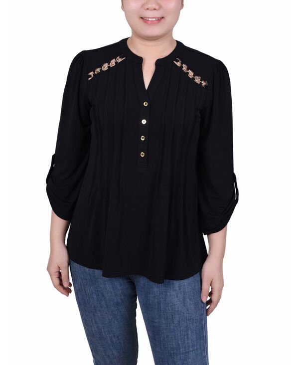ニューヨークコレクション レディース トップス シャツ プチ NY Collection Petite Pin tuck Frontop with Chain Details Black ブラック 9,865円