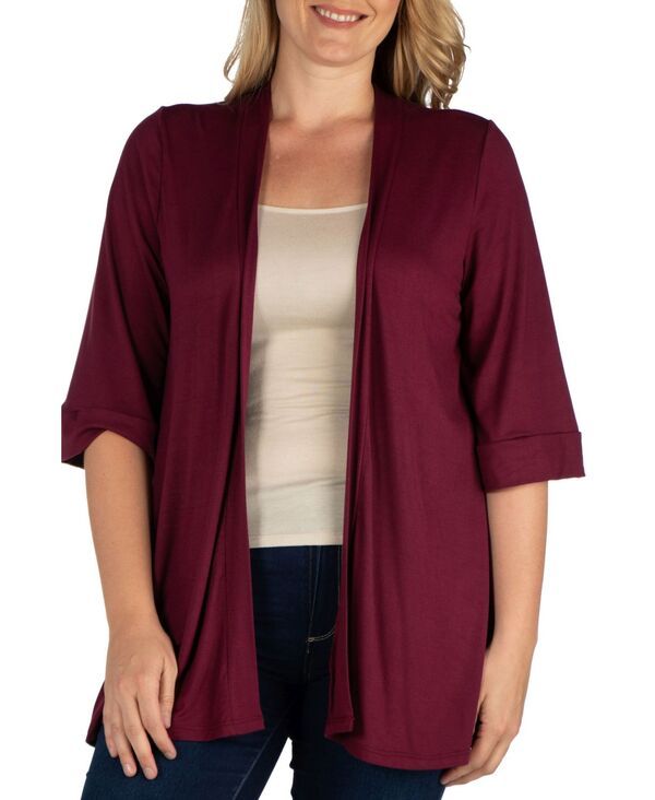 24 セブンコンフォート レディース アウター ニット・セーター プラスサイズ カーディガン 24seven Comfort Apparel Plusizelbow Length Open Front Cardigan Sweater Wine ワイン