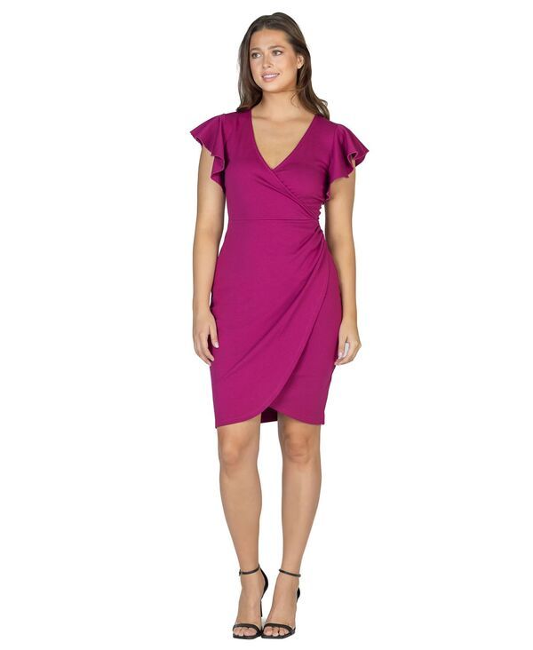 24 セブンコンフォート レディース トップス ワンピース Vネック ひざ丈 プチ フリル 24seven Comfort Apparel Petite VNeck Ruffle Sleeve Knee Length Dress Magenta マゼンタ