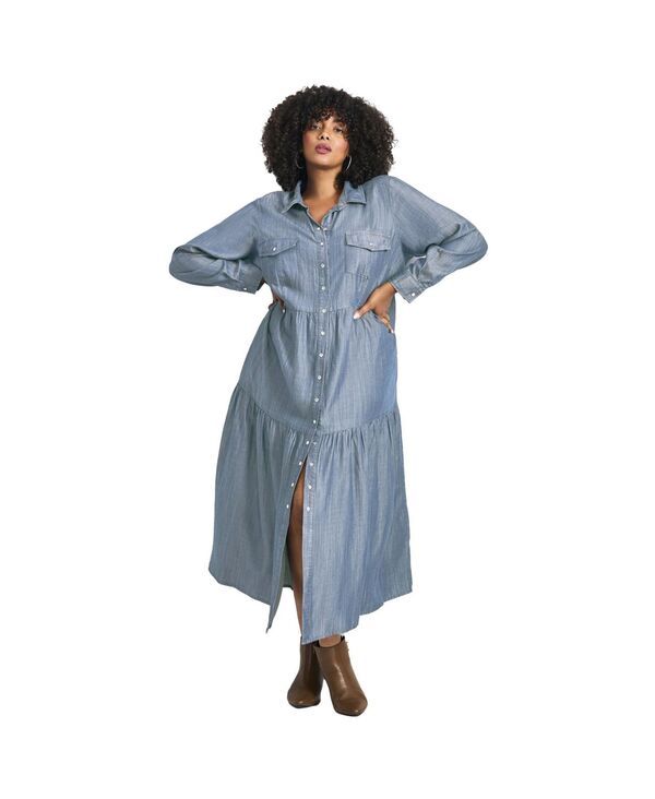 アベニュー レディース トップス ワンピース ティアード プラスサイズ シャツ デニム AVENUE Womens Plusize Denim Tiered Shirtdress Mid wash デニム
