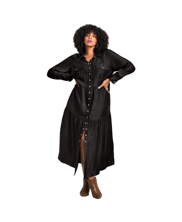 アベニュー レディース トップス ワンピース ティアード プラスサイズ シャツ デニム AVENUE Womens Plusize Denim Tiered Shirtdress Black ブラック