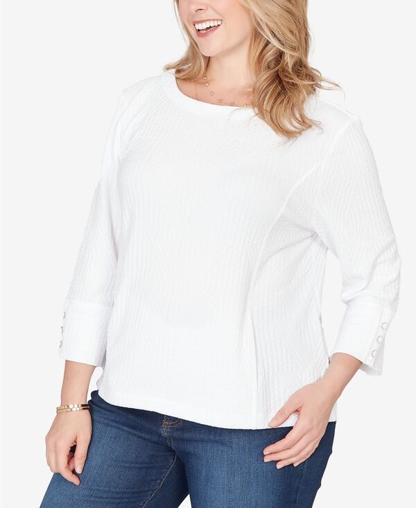 ルビーアールディー レディース トップス シャツ プラスサイズ ニット Ruby Rd Plusize Abstractextured Pucker Knit Boxy Top White ホワイト