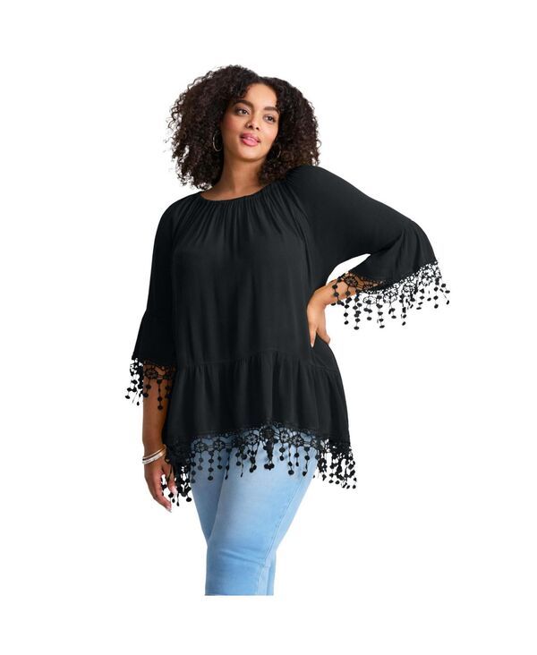 アベニュー レディース トップス シャツ フリンジ AVENUE Womens Crochet Fringe Trim Tunic Black ブラック
