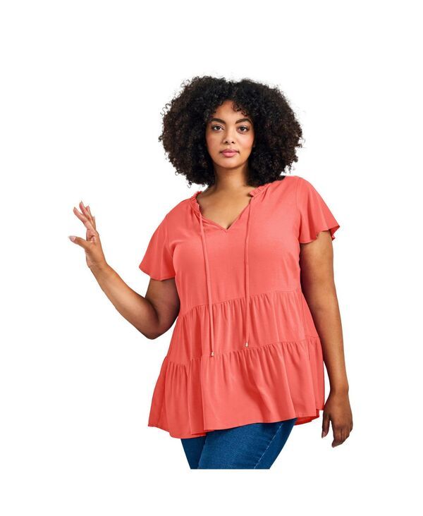 アベニュー レディース トップス シャツ ティアード プラスサイズ AVENUE Womens Plusize Lani Flutter Sleeve Tiered Top Coral コーラル