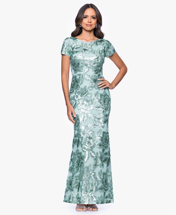 ベッツィアンドアダム レディース トップス ワンピース プチ プリント Betsy Adam Petite Printed Scoop Neck Gown Seafoam