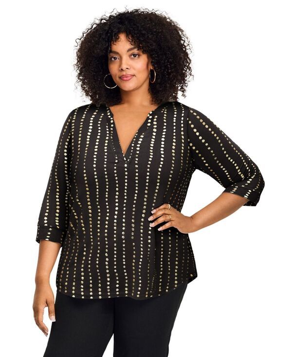 アベニュー レディース トップス シャツ プラスサイズ AVENUE Womens Plusize SplitNeck Foil Top Black stripe dot ブラック