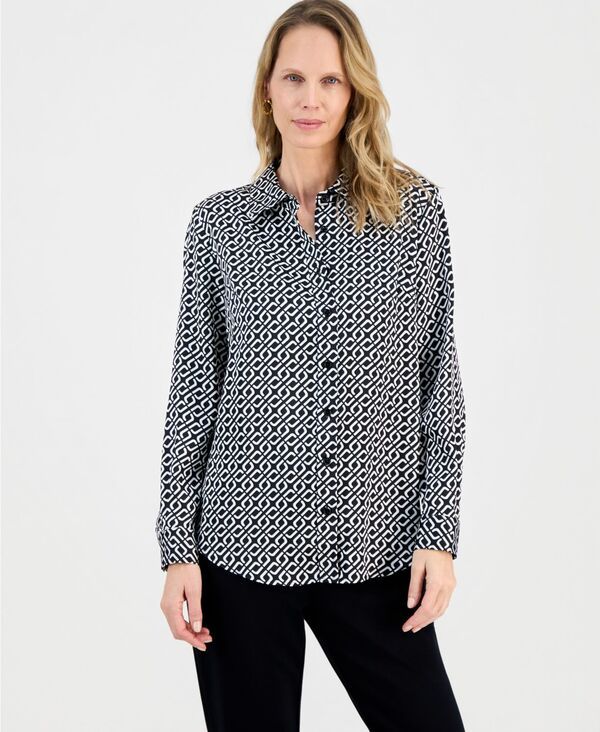 カスパール レディース トップス シャツ プチ プリント Kasper Womens GeometricPrint ButtonFront Shirt Regular Petite Blackvanilla Ice Multi ブラック