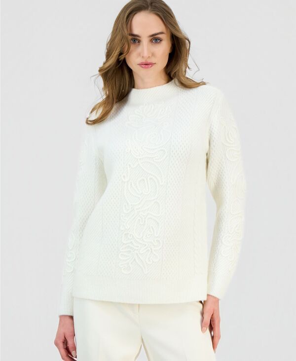 アンクライン レディース アウター ニット・セーター プチ 刺繍 Anne Klein PetitembroideredTape MockNeck Sweater White Dove ホワイト