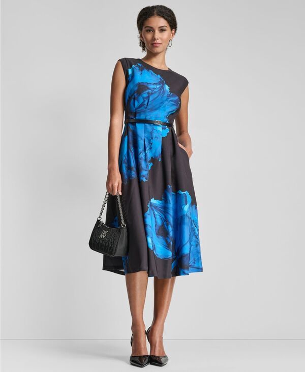 ダナ キャラン ニューヨーク レディース トップス ワンピース ミディ ノースリーブ DKNY Womensleeveless Jewel Neck Fit and Flare Midi Dress BlackSkydiver ブラック