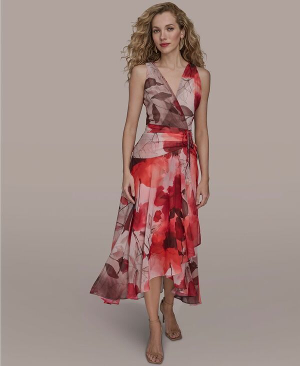 ダナ キャラン ニューヨーク レディース トップス ワンピース A ライン フラワー柄 ミディ フラワー Donna Karanew York Womens Faux Wrap Floral ALine Midi Dress Pink ピンク