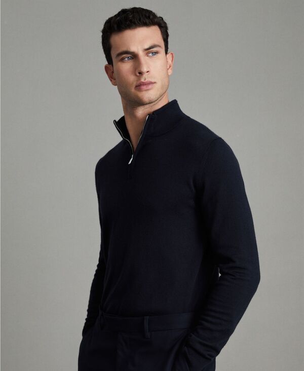 レイス メンズ アウター ニット・セーター スタンドネック ウール REISS Mens Merino Wool HalfZip Funnel Neck Sweater Navy ネイビー