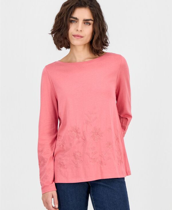 スタイルアンドコー レディース トップス シャツ 刺繍 長袖 Style Co Womens Embroidered BoatNeck LongSleeve Top Strawberry
