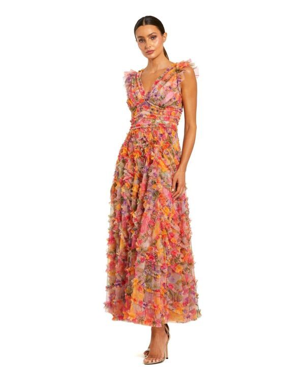 マックダガル レディース トップス ワンピース Vネック フラワー柄 フリル メッシュ アンクル フラワー Mac Duggal Womens Floral Mesh Ruffle V Neck Ankle Dress Multi マルチカラー