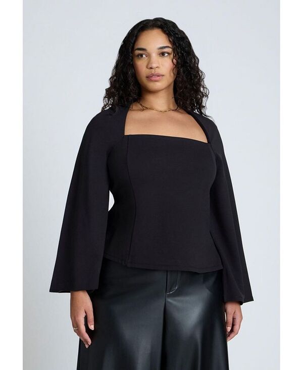エロクイ レディース トップス シャツ プラスサイズ ELOQUII Plus Size Square Neck Seam Detail Top Black onyx ブラック
