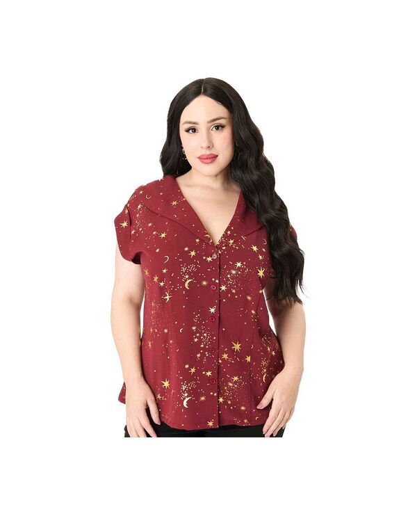 ユニークビンテージ レディース トップス シャツ プラスサイズ ノースリーブラウス Unique Vintage Plusize 1960s Twill Sleeveless Blouse Burgundy gold stars バーガンディ 13,855円