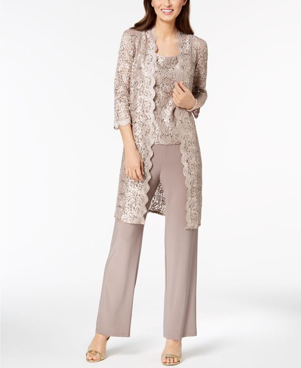 アールアンドエムリチャーズ レディース ボトムス カジュアルパンツ パンツ スパンコール レース ジャケット R M Richards 3Pc Sequined Lace Pantsuit Jacket Champagne シャンパン
