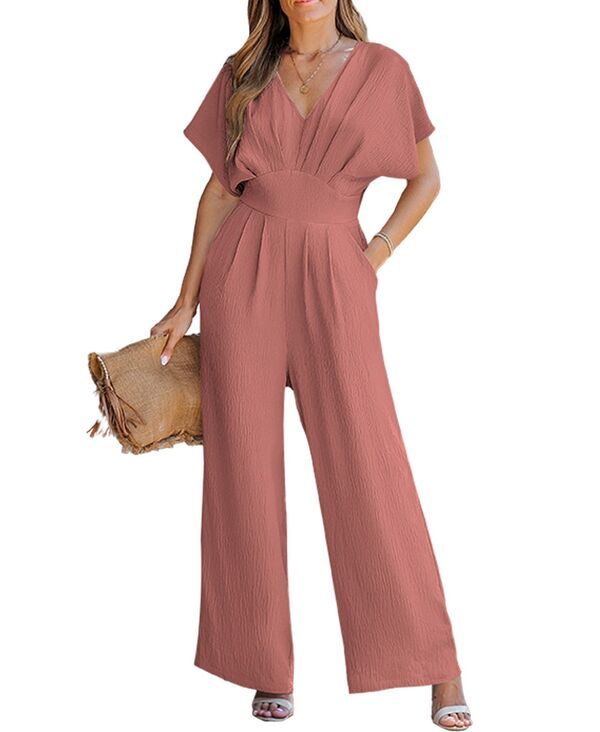カップシー レディース ボトムス カジュアルパンツ Vネック ストレート ジャンプスーツ Cupshe Womens VNeck Short Sleeve Straight Leg Jumpsuit Dark Pink ピンク