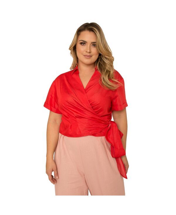 スタンダーズ アンド プラクティス レディース トップス シャツ プラスサイズ ブラウス Standards Practices Plus Size Short Sleeve Tie Waist Wrap Blouse Red レッド