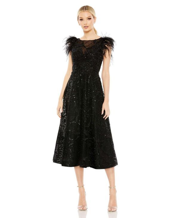 マックダガル レディース トップス ワンピース Mac Duggal Womens Feather Shoulder Embellished Dress Black ブラック