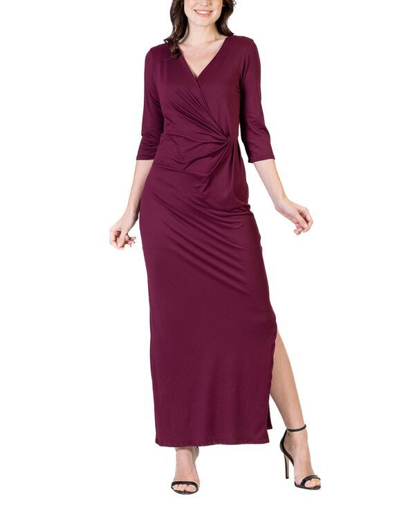 24 セブンコンフォート レディース トップス ワンピース サイドスリット Vネック マキシワンピース マキシ 24seven Comfort Apparel Womens Fitted Vneck Side Slit Maxi Dress Burgundy