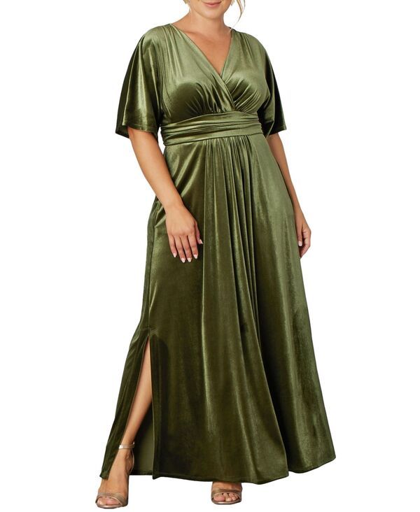 キヨナ レディース トップス ワンピース プラスサイズ ベルベット Kiyonna Plus Size Verona Velvet Evening Gown Olive オリーブ
