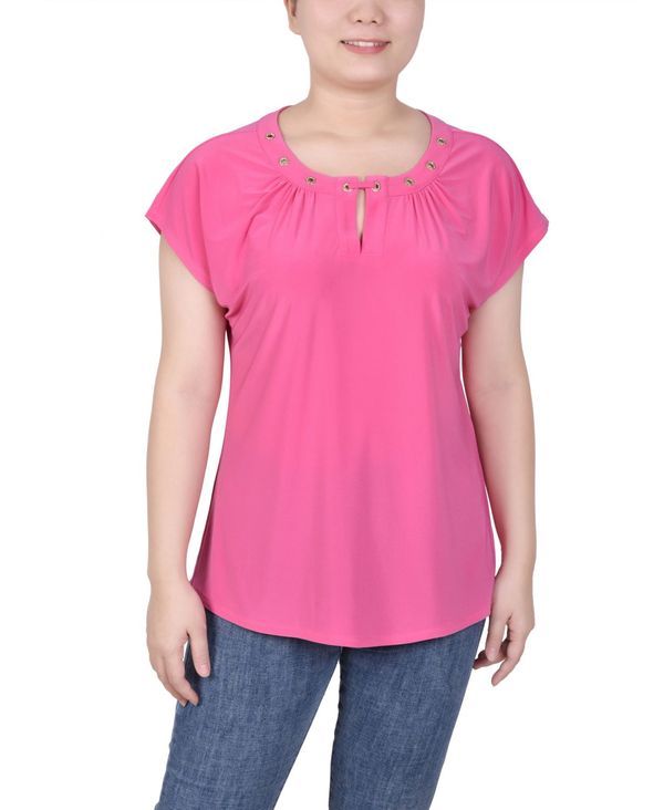 ニューヨークコレクション レディース トップス シャツ プチ ニット NY Collection Petite Grommet Neck Knit Short Extended Sleeve Top Pink Glo ピンク