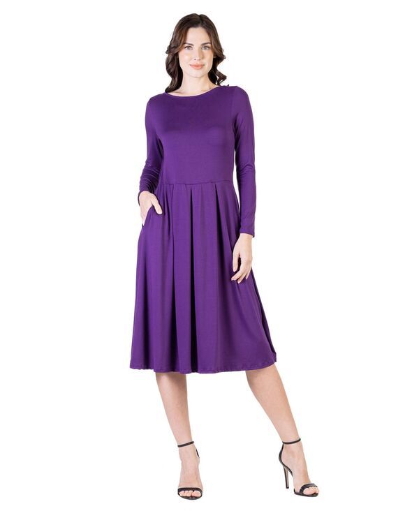 24 セブンコンフォート レディース トップス ワンピース プチ ミディ 24seven Comfort Apparel Petite Midi Fit and Flare Pocket Dress Purple パープル