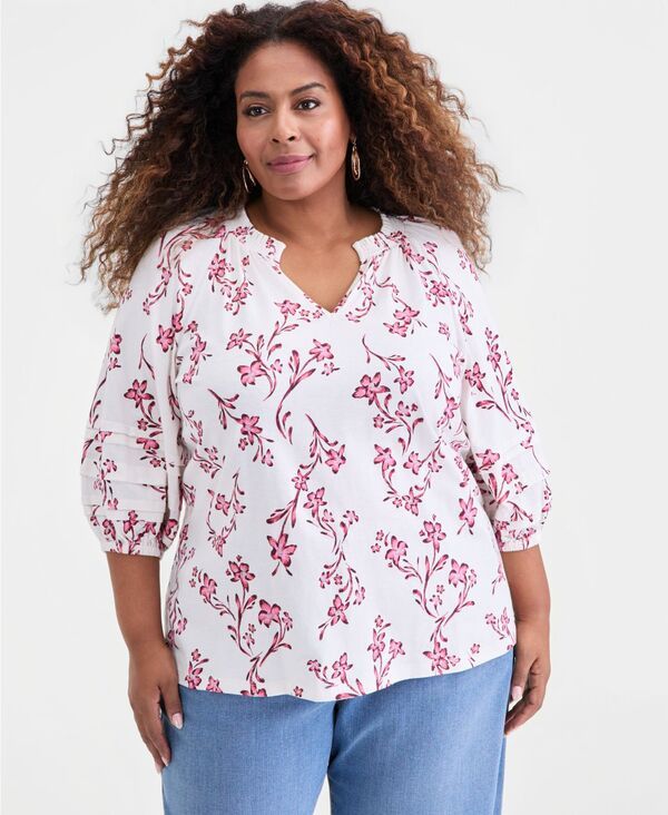 スタイルアンドコー レディース トップス シャツ プラスサイズ Style Co Plusize SplitNeck 34Sleeve Top Shiitake Combo
