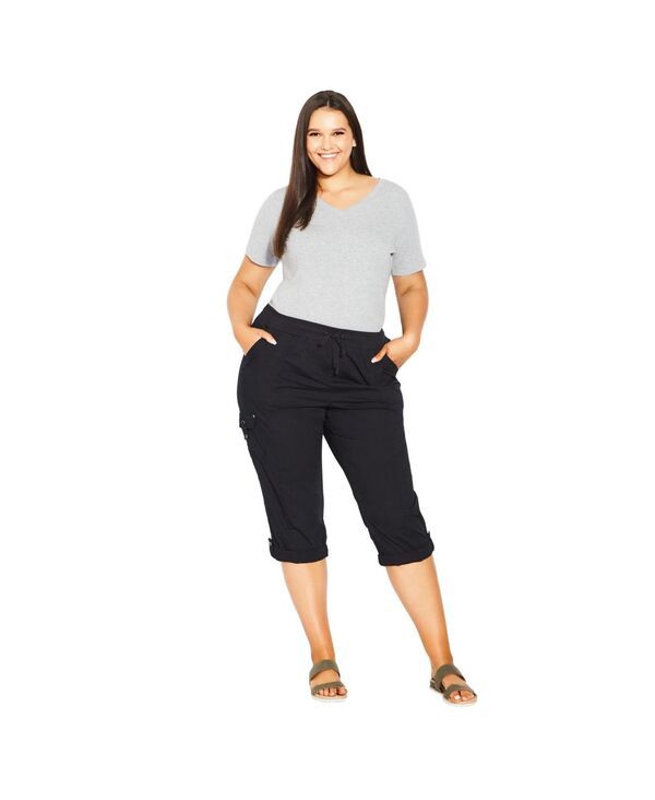 アベニュー レディース ボトムス カジュアルパンツ プラスサイズ コットン キャップ AVENUE Womens Plusize Cotton Roll Up Capri Black ブラック