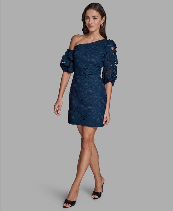 ビーシビージー レディース トップス ワンピース ミニ ワンショルダー レース BCBG Womens Lace OneShoulder Textured Puff Sleeve Mini Dress Dark Blue ブルー