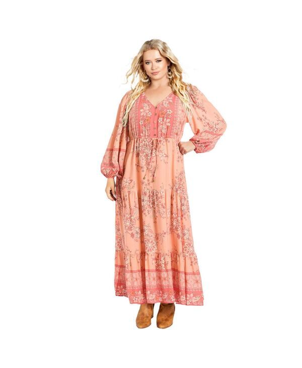 アベニュー レディース トップス ワンピース プラスサイズ マキシ AVENUE Womens Plusizellery Long Sleeve Maxi Dress Coral fantasy コーラル