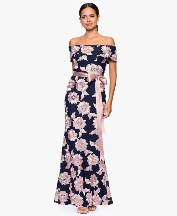 ベッツィアンドアダム レディース トップス ワンピース プチ プリント Betsy Adam Petite Printed OffTheShoulder Gownavy Rose ネイビー