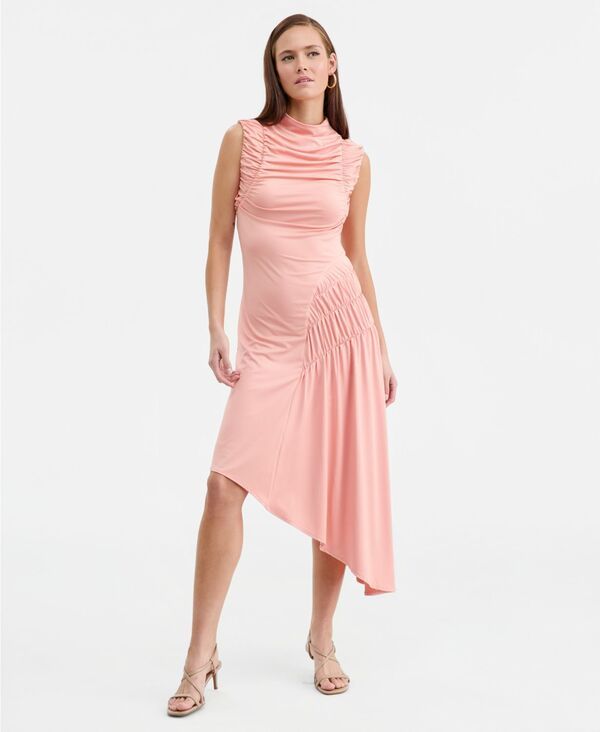 バースリー レディース トップス ワンピース アシンメトリー ギャザー ミディ Bar III Womens Ruched Asymmetric Midi Dress Warm Coral コーラル