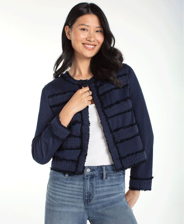 リヴァプール ロサンゼルス レディース アウター ジャケット・ブルゾン プチ レース Liverpoolos Angeles Womens Petite Collarless Fray and Lace Jacket Deep Midnight