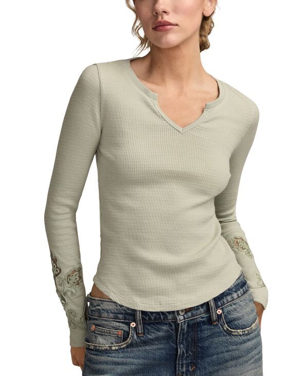 ラッキーブランド レディース トップス シャツ Lucky Brand Womens Cutwork Notch Neck Top Aqua Gray グレー 10,636円