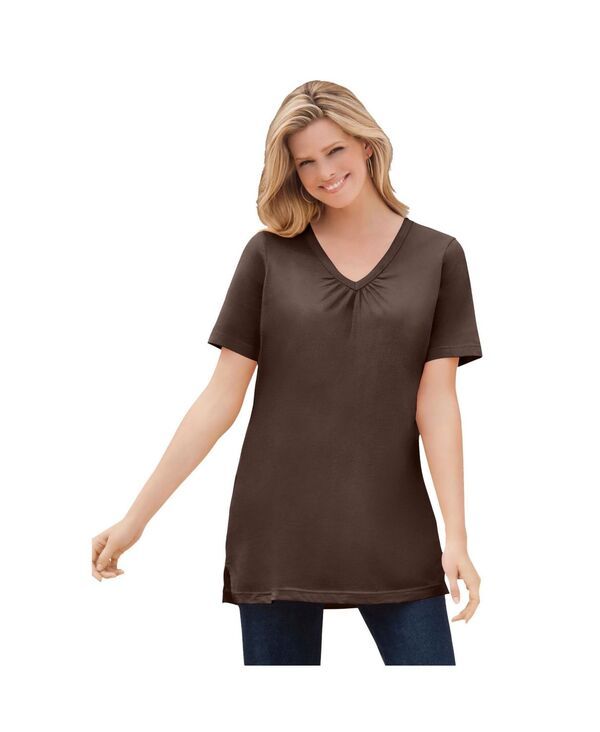 ウーマン ウィズイン レディース トップス シャツ Vネック プラスサイズ 半袖 Woman Within Plusize Within Perfect ShortSleeve Shirred VNeck Tunic Top Chocolate チョコレート