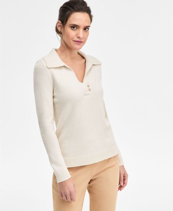 ジェイエムコレクション レディース アウター ニット・セーター JM Collection Womens Lurex Shine JohnnyCollar Sweater Neo Naturalurex Combo