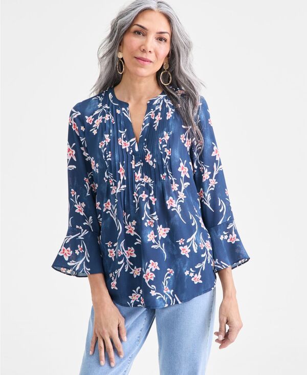スタイルアンドコー レディース トップス シャツ プリント フリル Style Co Womens Printed Pintuck Ruffle Sleeve Top Floral Navy Blue ネイビー
