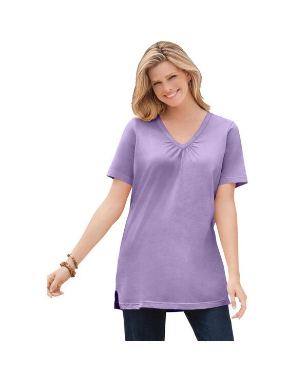 ウーマン ウィズイン レディース トップス シャツ Vネック プラスサイズ 半袖 Woman Within Plusize Within Perfect ShortSleeve Shirred VNeck Tunic Top Soft iris