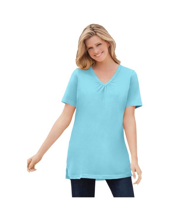 ウーマン ウィズイン レディース トップス シャツ Vネック プラスサイズ 半袖 Woman Within Plusize Within Perfect ShortSleeve Shirred VNeck Tunic Top Seamist blue ブルー