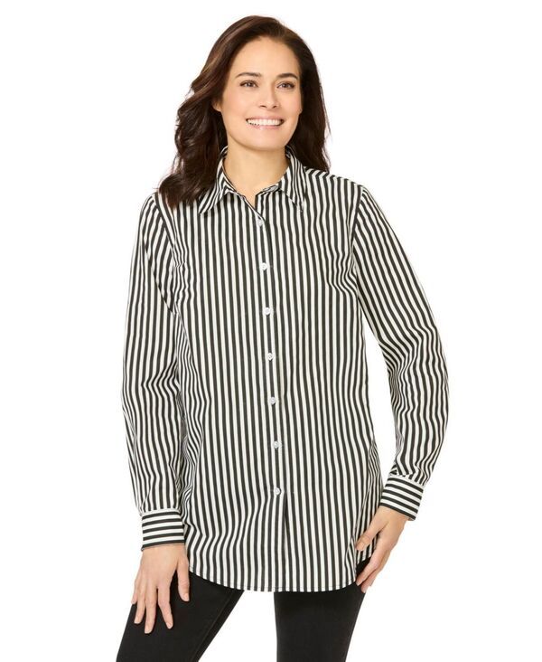 ウーマン ウィズイン レディース トップス シャツ プラスサイズ Woman Within Plusize Perfect Long Sleeve Shirt Black stripe ブラック