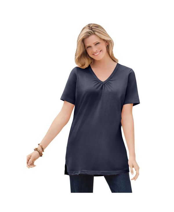 ウーマン ウィズイン レディース トップス シャツ Vネック プラスサイズ 半袖 Woman Within Plusize Within Perfect ShortSleeve Shirred VNeck Tunic Top Navy ネイビー