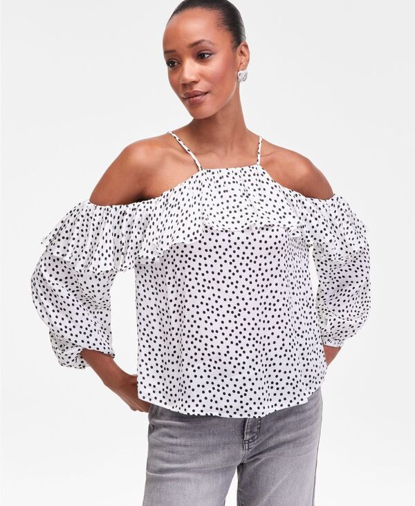 アイエヌシー インターナショナル コンセプト レディース トップス シャツ フリル ブラウス INC International Concepts Womens ColdShoulderuffleTrim Blouse Lilia Dots