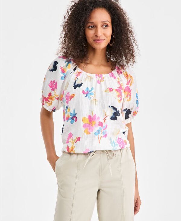 スタイルアンドコー レディース トップス シャツ プチ プリント 半袖 Style Co Petite ShortSleeve Print Gauze Bubble Top Floral Shiitake